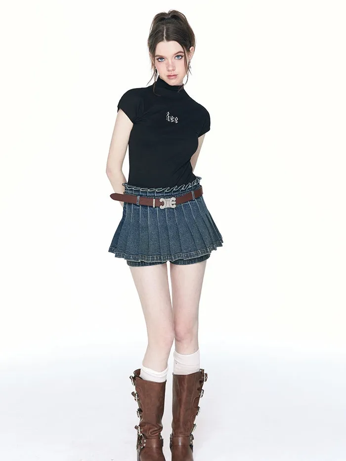 Pleats Denim Casual Flare Culottes
