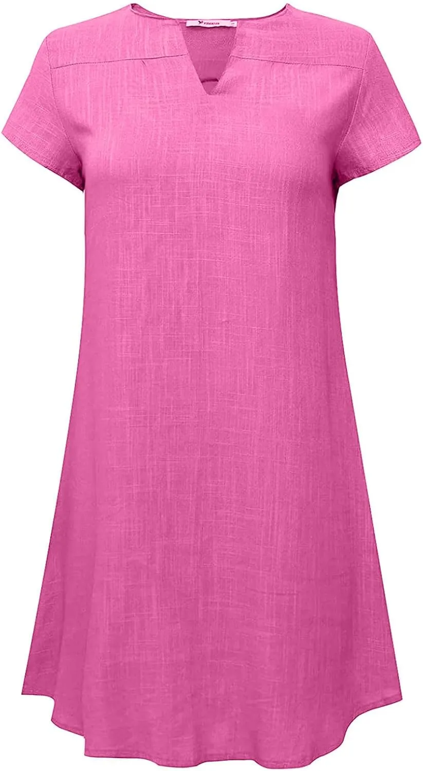 Plus Size Dress for Women Short Sleeve Cotton Linen Dress Summer Solid V-Neck Dress Vacation Boho Dress Sundress