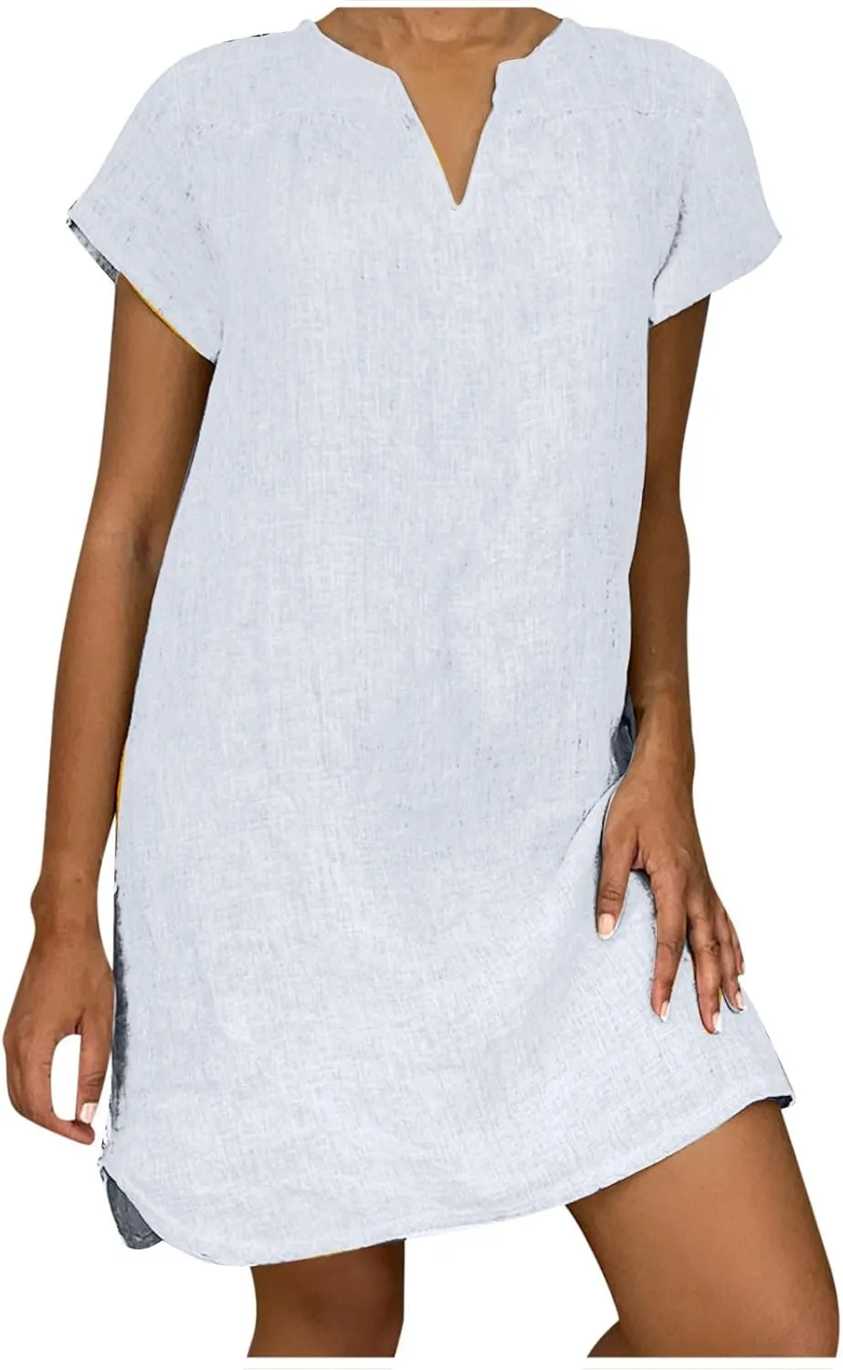 Plus Size Dress for Women Short Sleeve Cotton Linen Dress Summer Solid V-Neck Dress Vacation Boho Dress Sundress