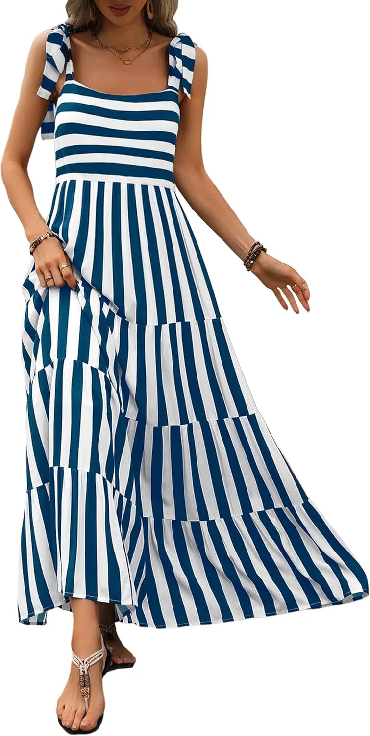 PRETTYGARDEN Womens Dresses 2025 Summer Sleeveless Maxi Dress Square Neck Floral Spaghetti Strap Aline Flowy Beach Long Dress