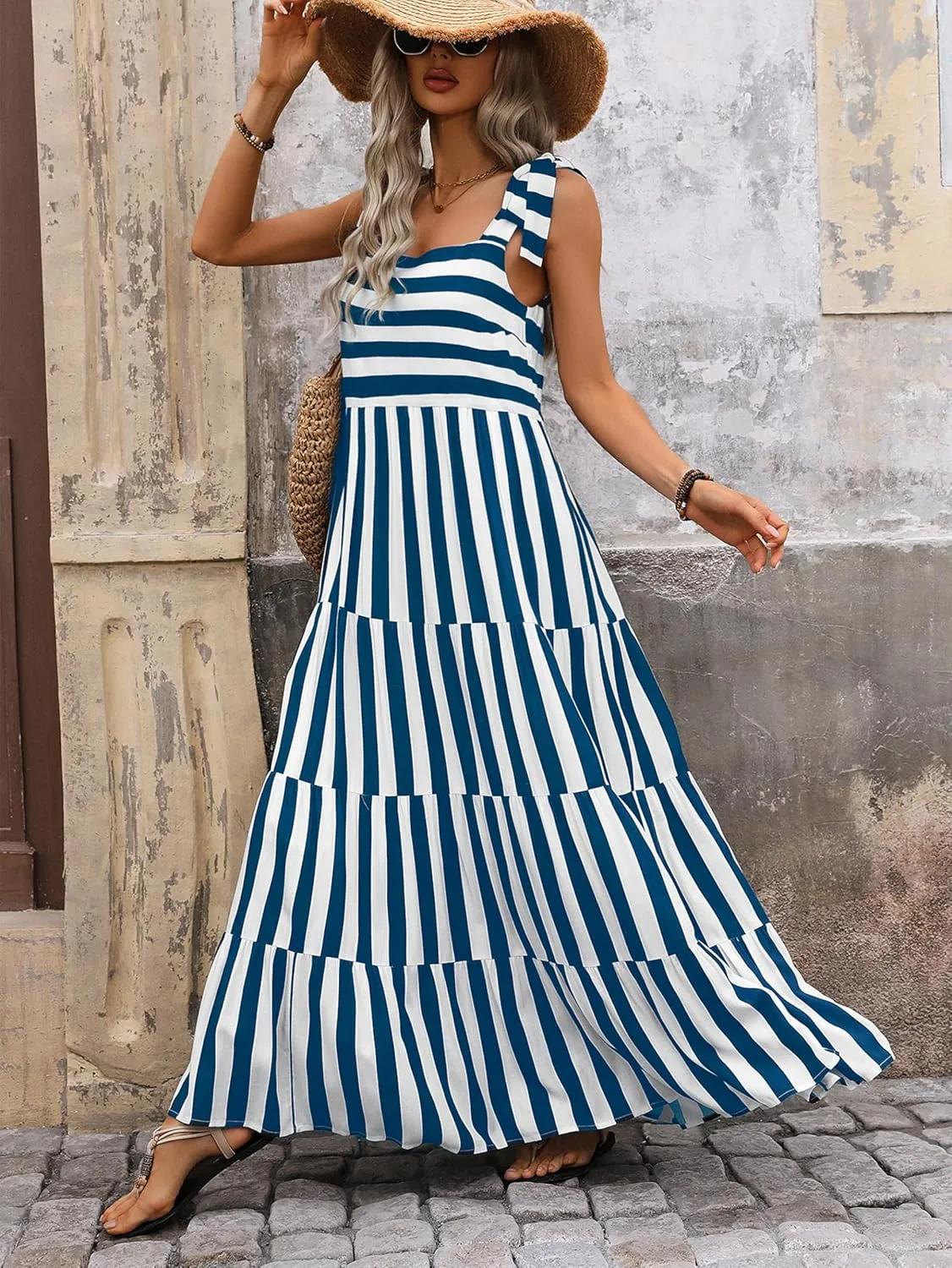 PRETTYGARDEN Womens Dresses 2025 Summer Sleeveless Maxi Dress Square Neck Floral Spaghetti Strap Aline Flowy Beach Long Dress