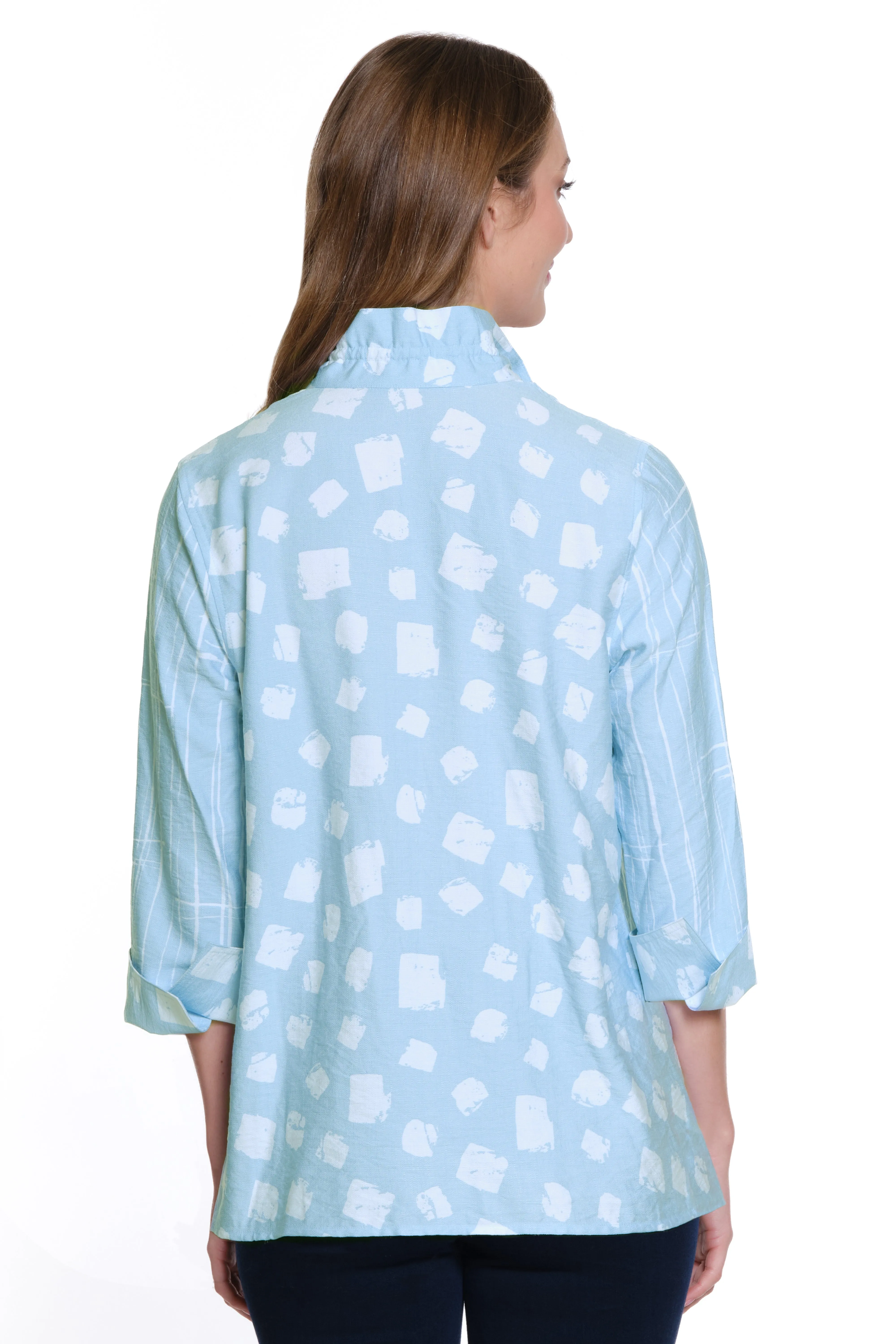 Printed Woven Button Front Shirt - Petite - Chambray Print