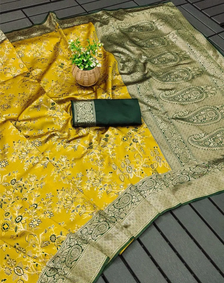 Radiant Yellow Soft Silk Saree With Stunner Blouse Piece
