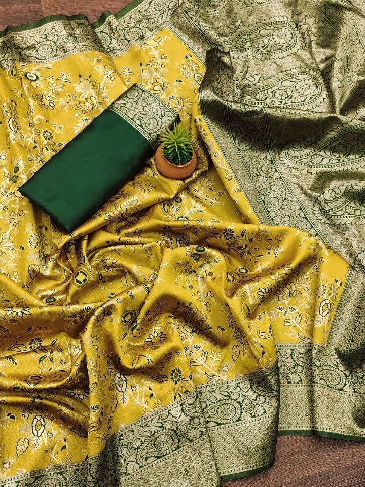 Radiant Yellow Soft Silk Saree With Stunner Blouse Piece