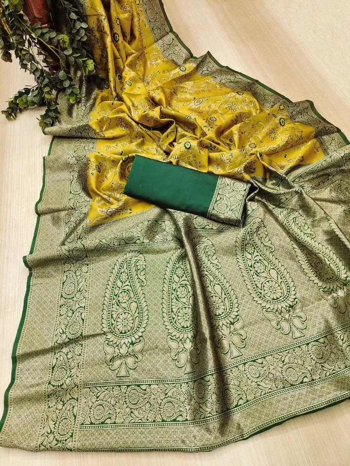 Radiant Yellow Soft Silk Saree With Stunner Blouse Piece
