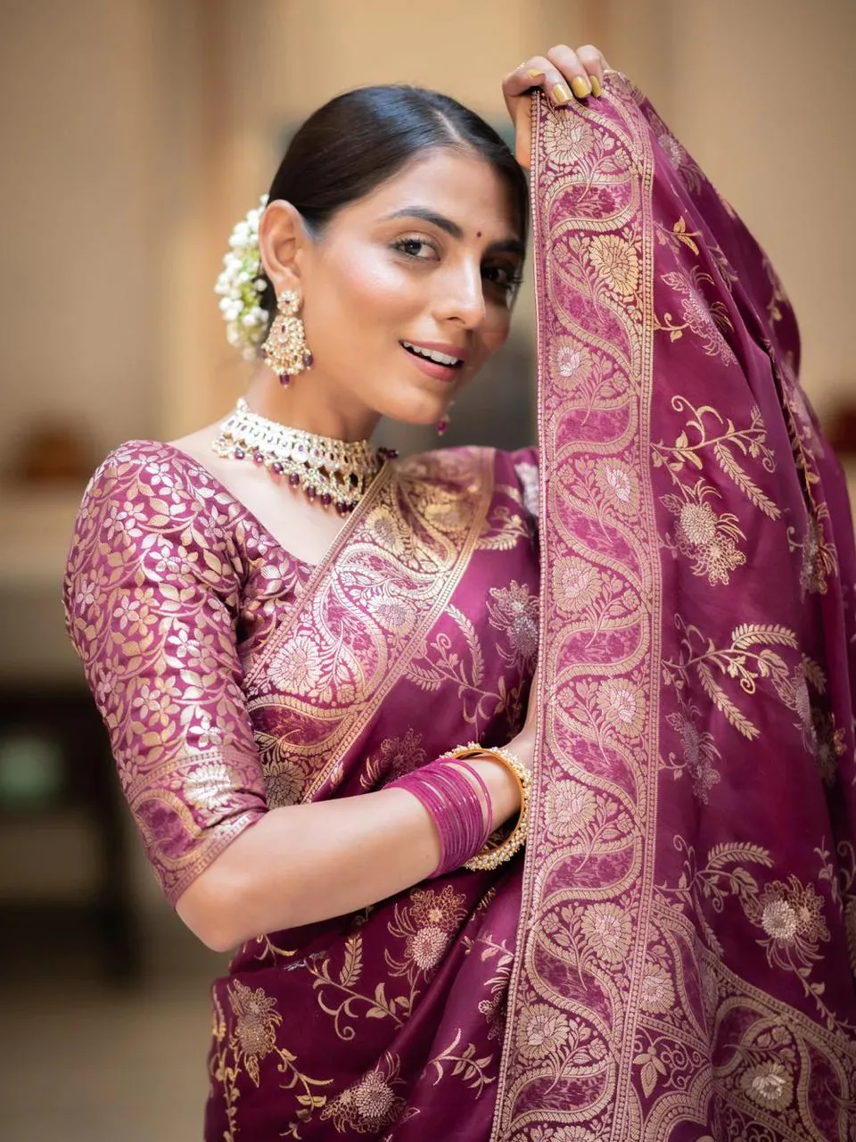 Ravishing Wine Soft Silk Saree With Ethnic Blouse Piece