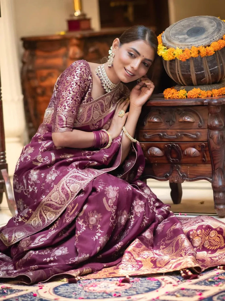 Ravishing Wine Soft Silk Saree With Ethnic Blouse Piece