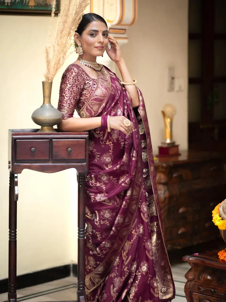 Ravishing Wine Soft Silk Saree With Ethnic Blouse Piece