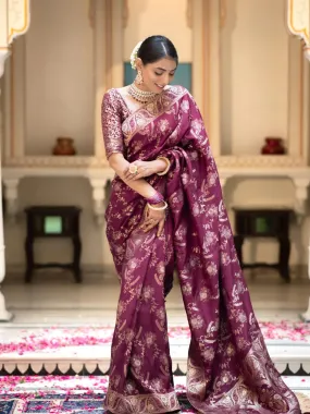 Ravishing Wine Soft Silk Saree With Ethnic Blouse Piece