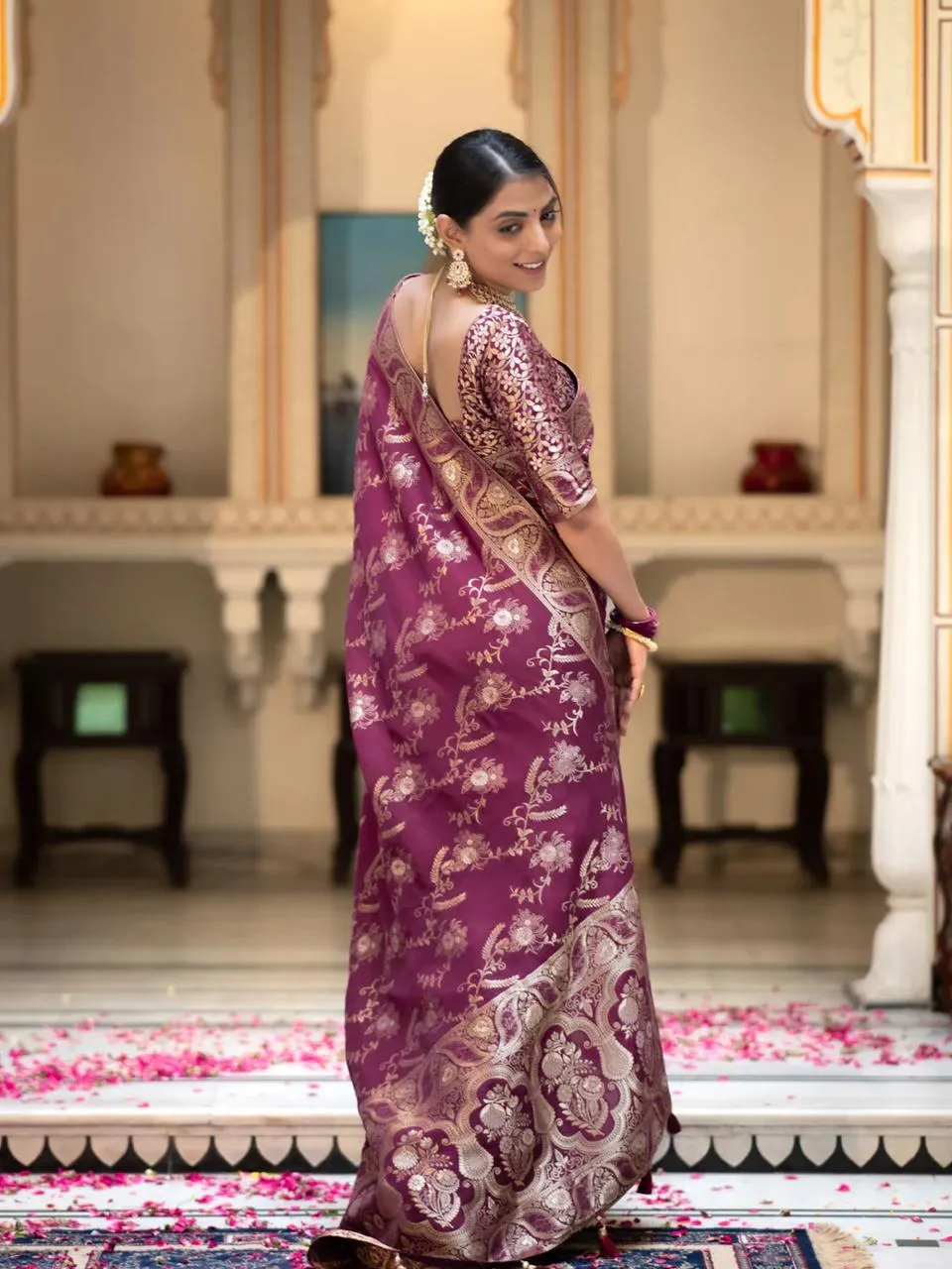 Ravishing Wine Soft Silk Saree With Ethnic Blouse Piece