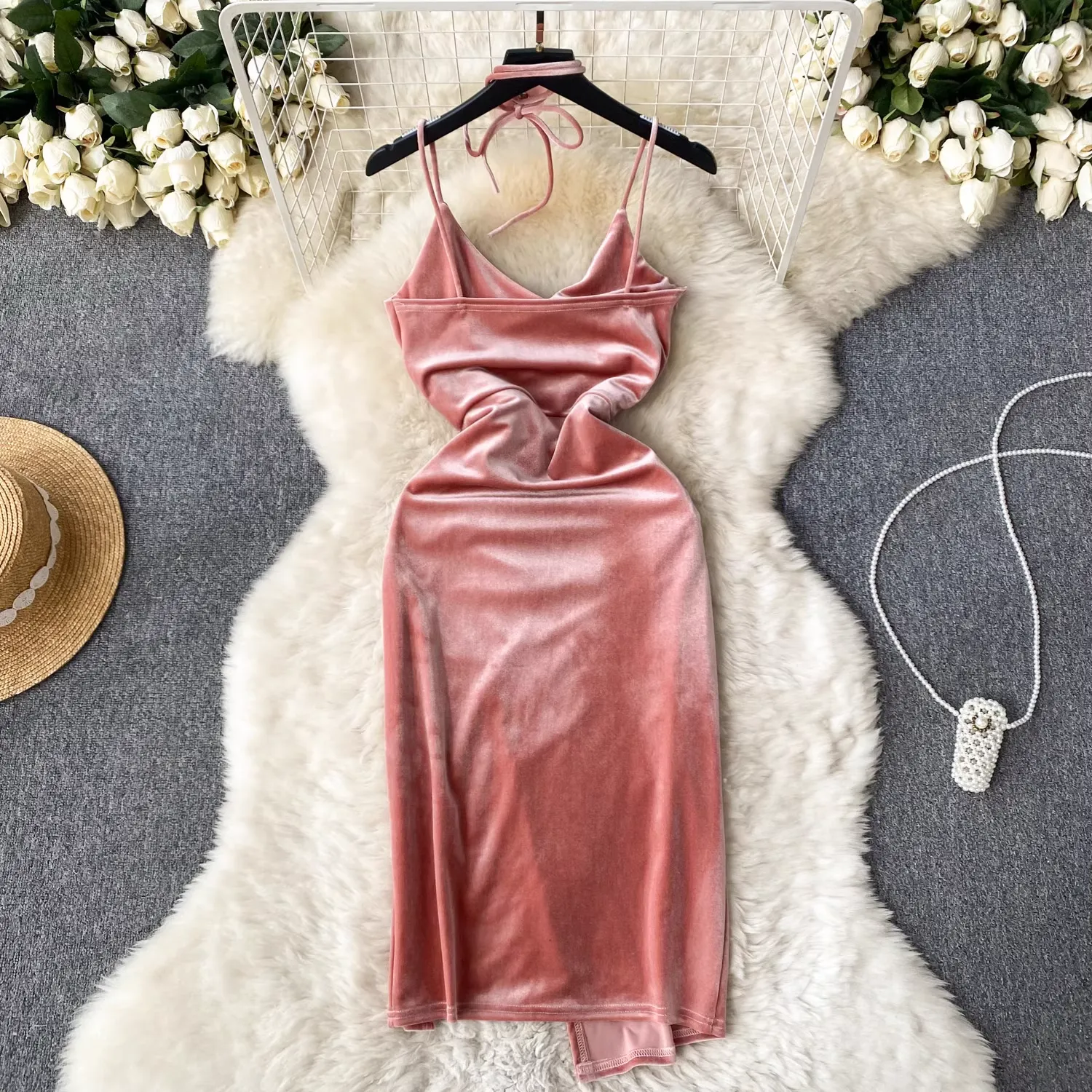 Retro Spaghetti Strap Dress Velvet Slit Long Skirt 1886