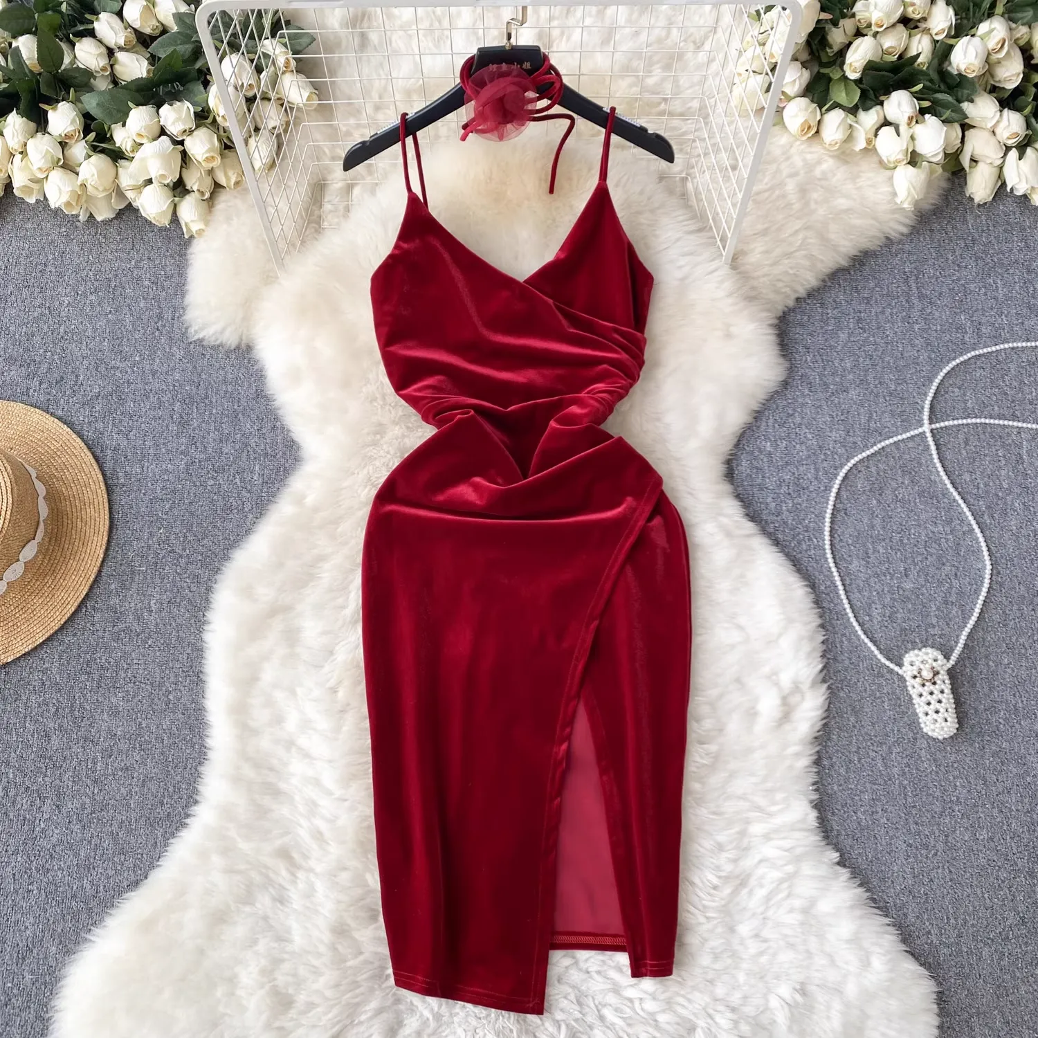 Retro Spaghetti Strap Dress Velvet Slit Long Skirt 1886