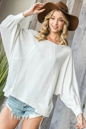 Reverse Stitch Details Dolman Sleeves Solid Tunic Top- White