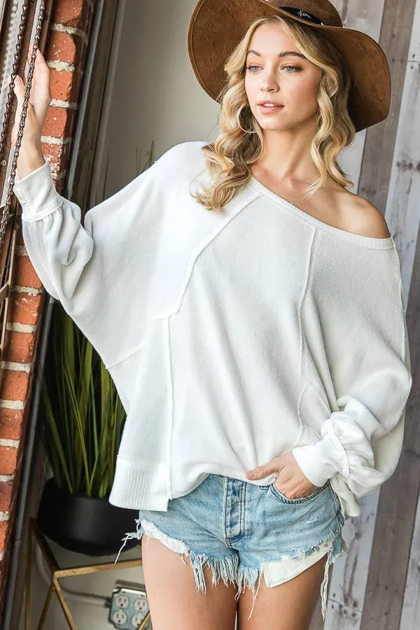 Reverse Stitch Details Dolman Sleeves Solid Tunic Top- White