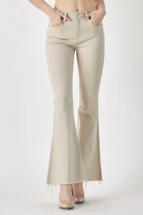 RISEN Mid-Rise Raw Hem Flare Jeans in Khaki