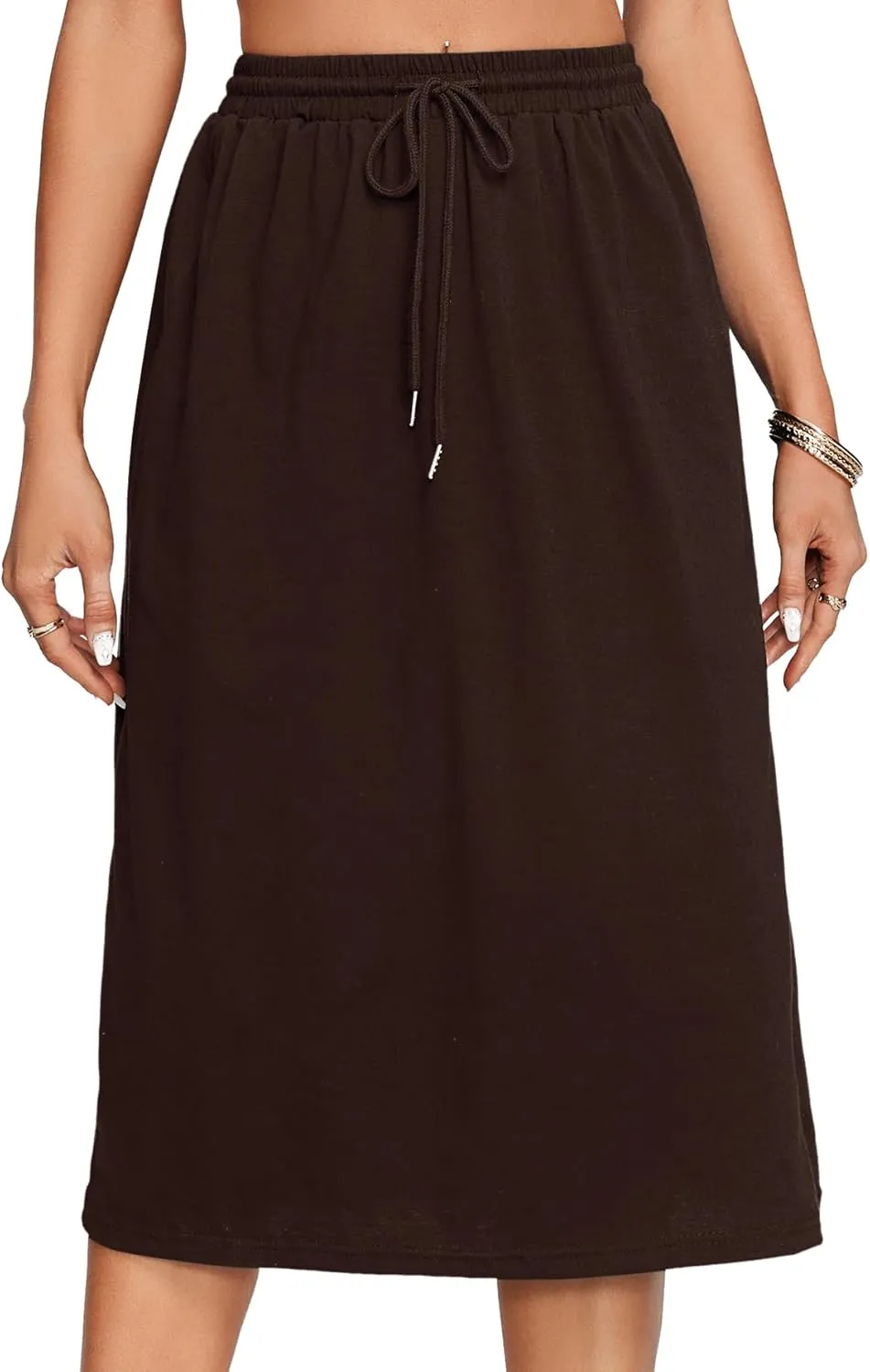 Rooscier Women's Drawstring Elastic High Waist A Line Casual Midi Skirt
