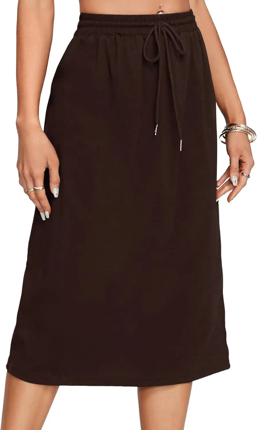 Rooscier Women's Drawstring Elastic High Waist A Line Casual Midi Skirt