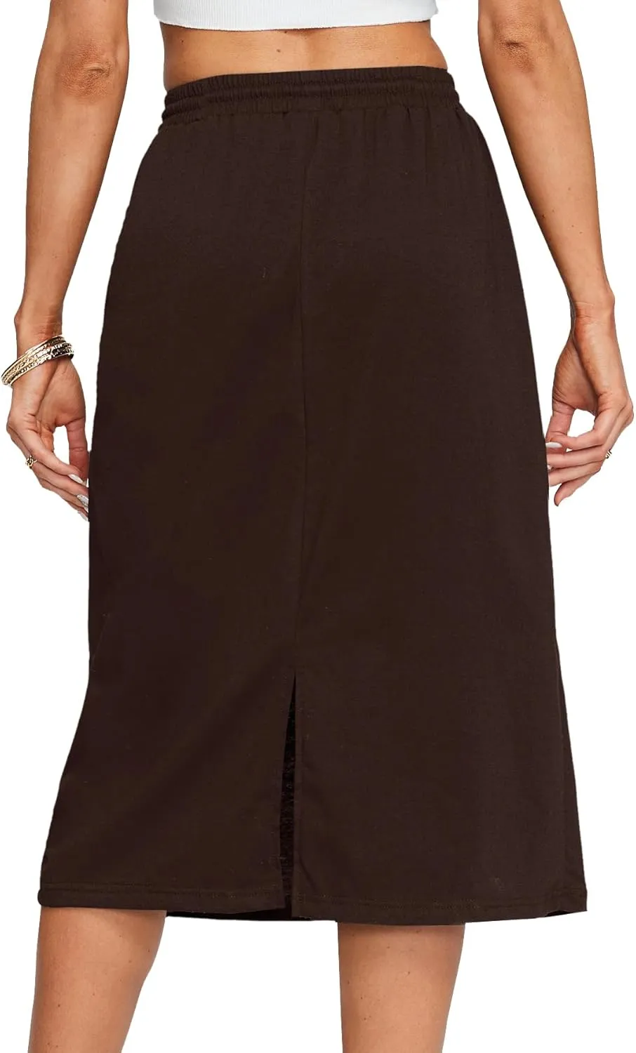 Rooscier Women's Drawstring Elastic High Waist A Line Casual Midi Skirt