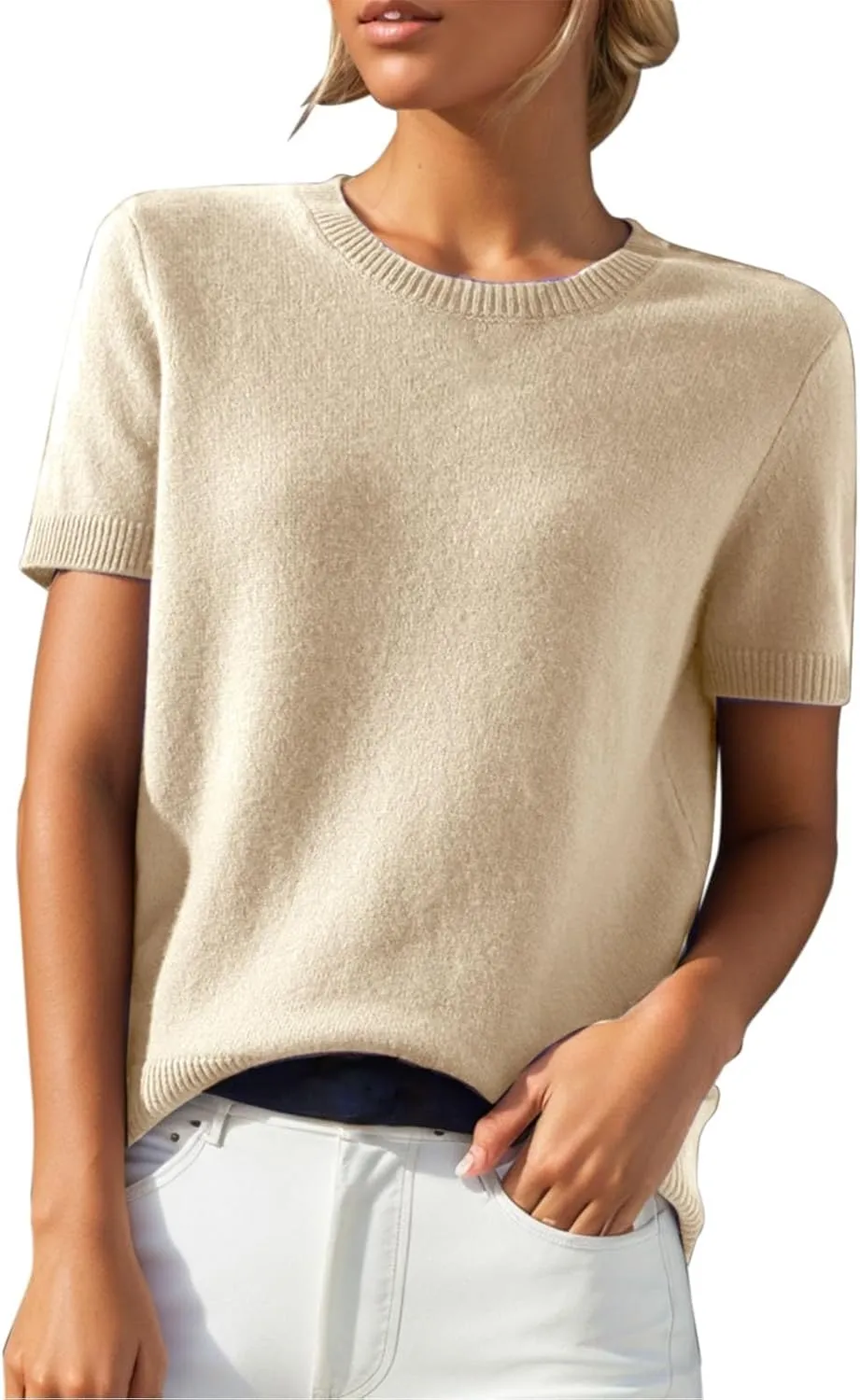 Short Sleeve Sweater for Women Trendy 2024 Soft Crewneck Knit T Shirts Casual Solid Loose Fit Cashmere Sweaters Tees