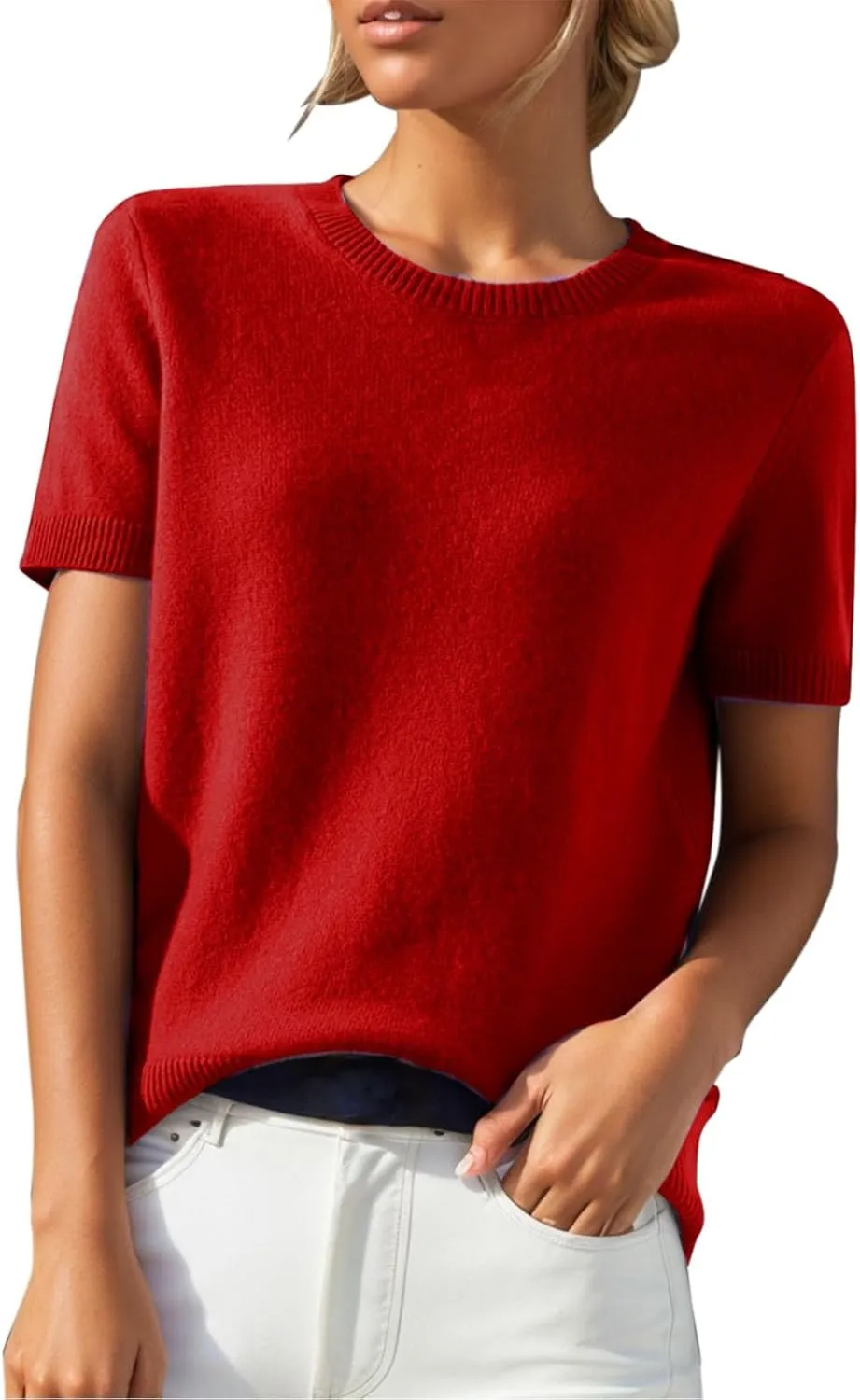 Short Sleeve Sweater for Women Trendy 2024 Soft Crewneck Knit T Shirts Casual Solid Loose Fit Cashmere Sweaters Tees