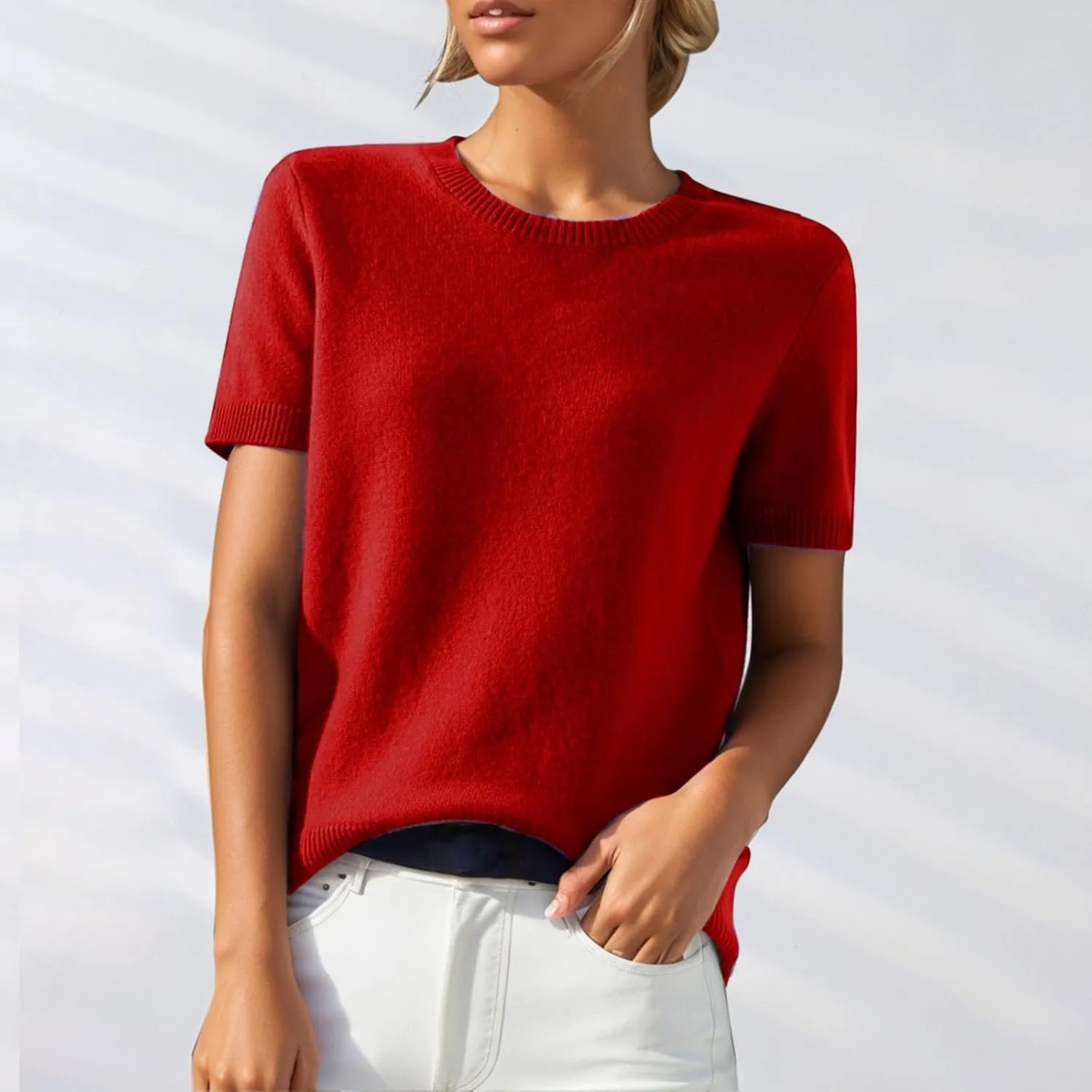 Short Sleeve Sweater for Women Trendy 2024 Soft Crewneck Knit T Shirts Casual Solid Loose Fit Cashmere Sweaters Tees