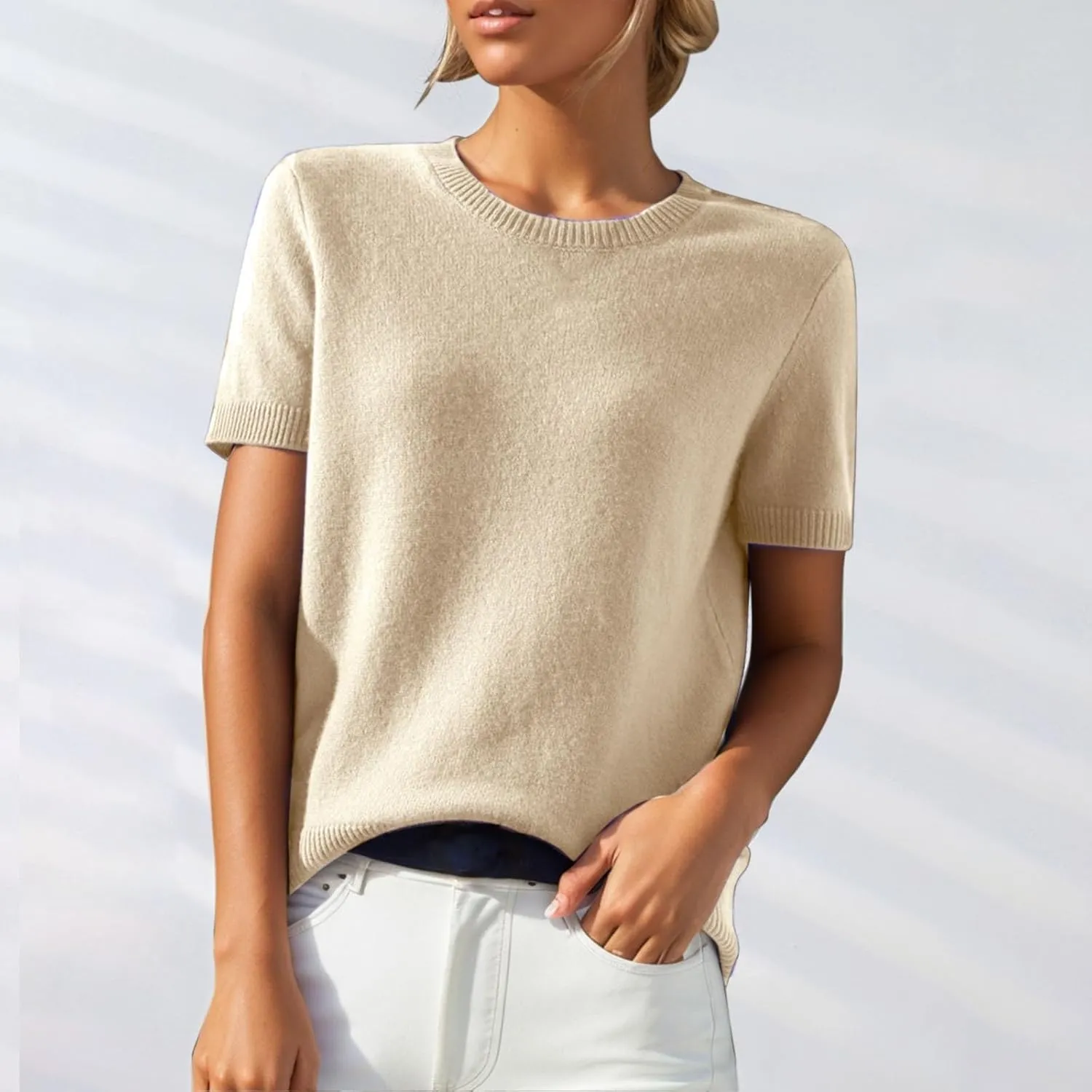 Short Sleeve Sweater for Women Trendy 2024 Soft Crewneck Knit T Shirts Casual Solid Loose Fit Cashmere Sweaters Tees
