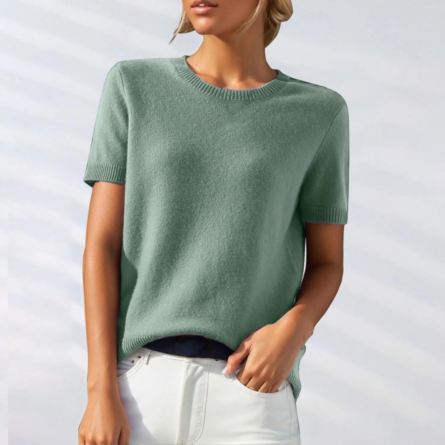 Short Sleeve Sweater for Women Trendy 2024 Soft Crewneck Knit T Shirts Casual Solid Loose Fit Cashmere Sweaters Tees