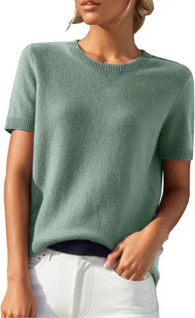 Short Sleeve Sweater for Women Trendy 2024 Soft Crewneck Knit T Shirts Casual Solid Loose Fit Cashmere Sweaters Tees
