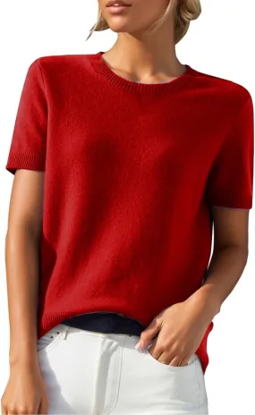 Short Sleeve Sweater for Women Trendy 2024 Soft Crewneck Knit T Shirts Casual Solid Loose Fit Cashmere Sweaters Tees