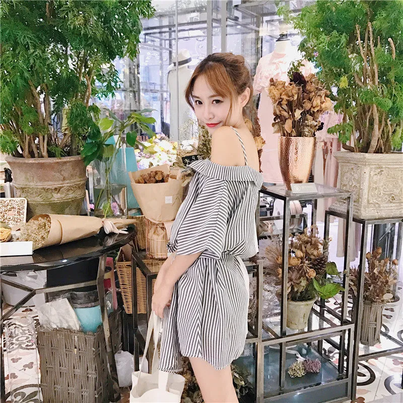 Slim Look Korean Sexy Tube Bare Shoulder Mix Colours Slip Dress Striped Short Sleeve Student Dress