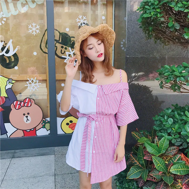Slim Look Korean Sexy Tube Bare Shoulder Mix Colours Slip Dress Striped Short Sleeve Student Dress
