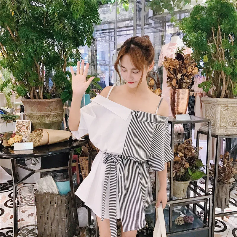 Slim Look Korean Sexy Tube Bare Shoulder Mix Colours Slip Dress Striped Short Sleeve Student Dress