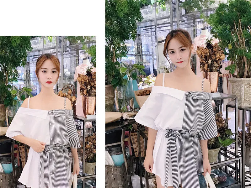 Slim Look Korean Sexy Tube Bare Shoulder Mix Colours Slip Dress Striped Short Sleeve Student Dress
