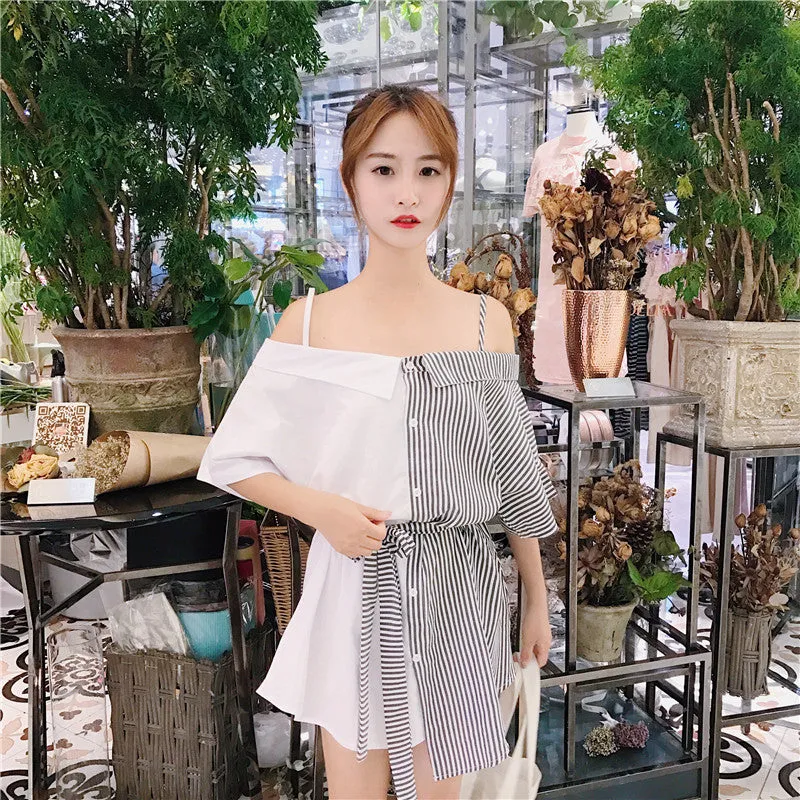 Slim Look Korean Sexy Tube Bare Shoulder Mix Colours Slip Dress Striped Short Sleeve Student Dress