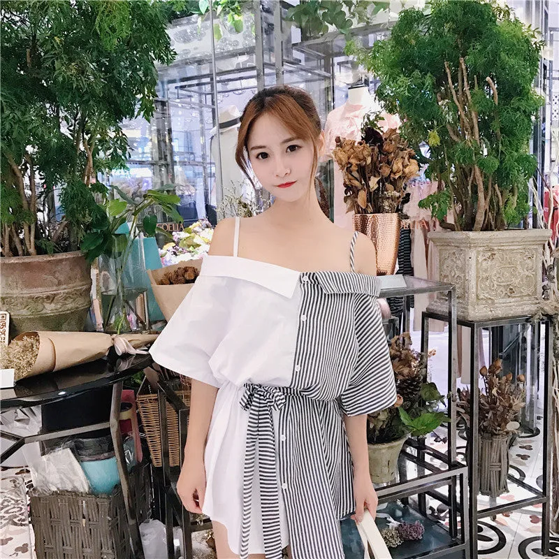 Slim Look Korean Sexy Tube Bare Shoulder Mix Colours Slip Dress Striped Short Sleeve Student Dress