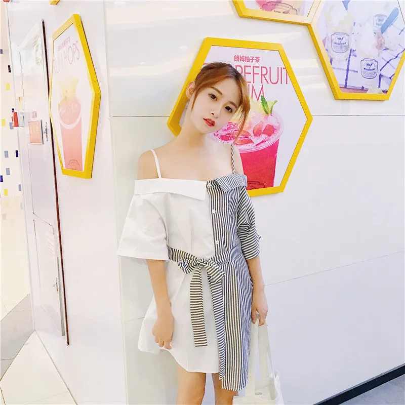 Slim Look Korean Sexy Tube Bare Shoulder Mix Colours Slip Dress Striped Short Sleeve Student Dress