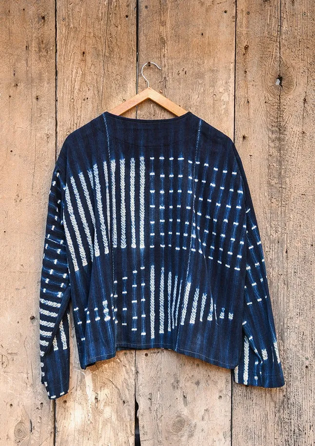 Striped Indigo Tunic, White Blue African Cotton Mudcloth Fabric