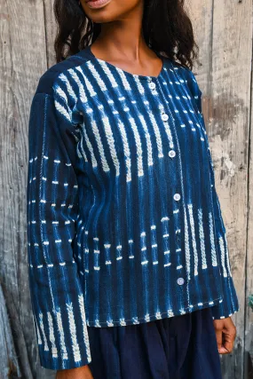 Striped Indigo Tunic, White Blue African Cotton Mudcloth Fabric