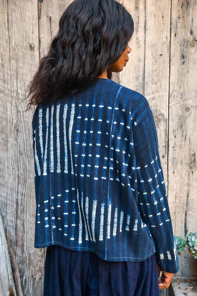 Striped Indigo Tunic, White Blue African Cotton Mudcloth Fabric