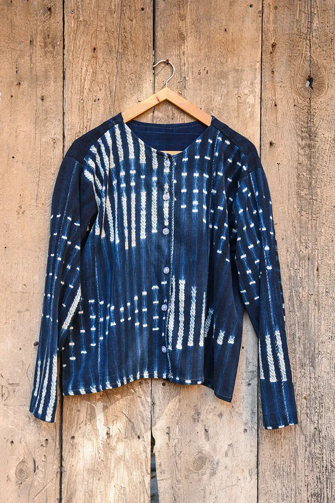 Striped Indigo Tunic, White Blue African Cotton Mudcloth Fabric
