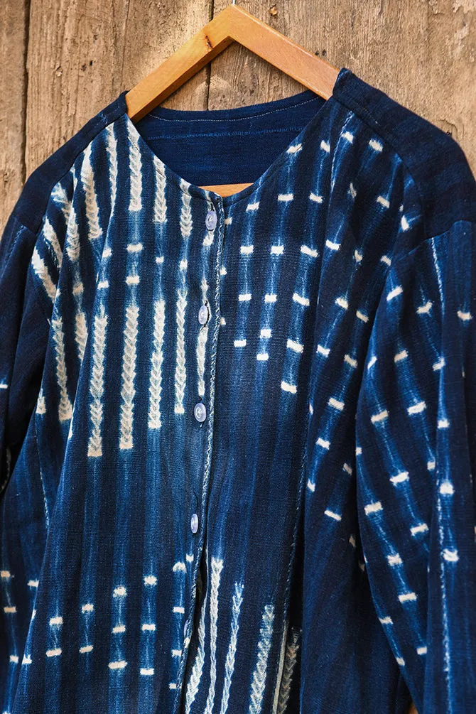 Striped Indigo Tunic, White Blue African Cotton Mudcloth Fabric