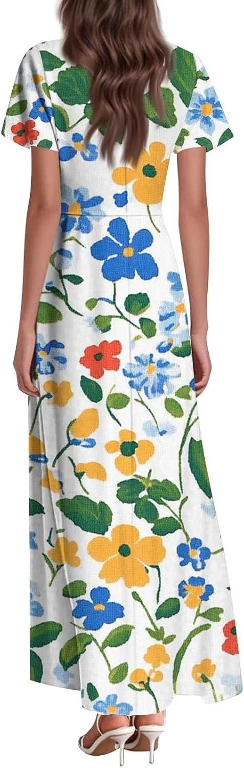 Summer Dresses for Women Floral Short Sleeve Dress V Neck Casual Beach Vacation Dress Flowy Swing Loose Maxi Dress