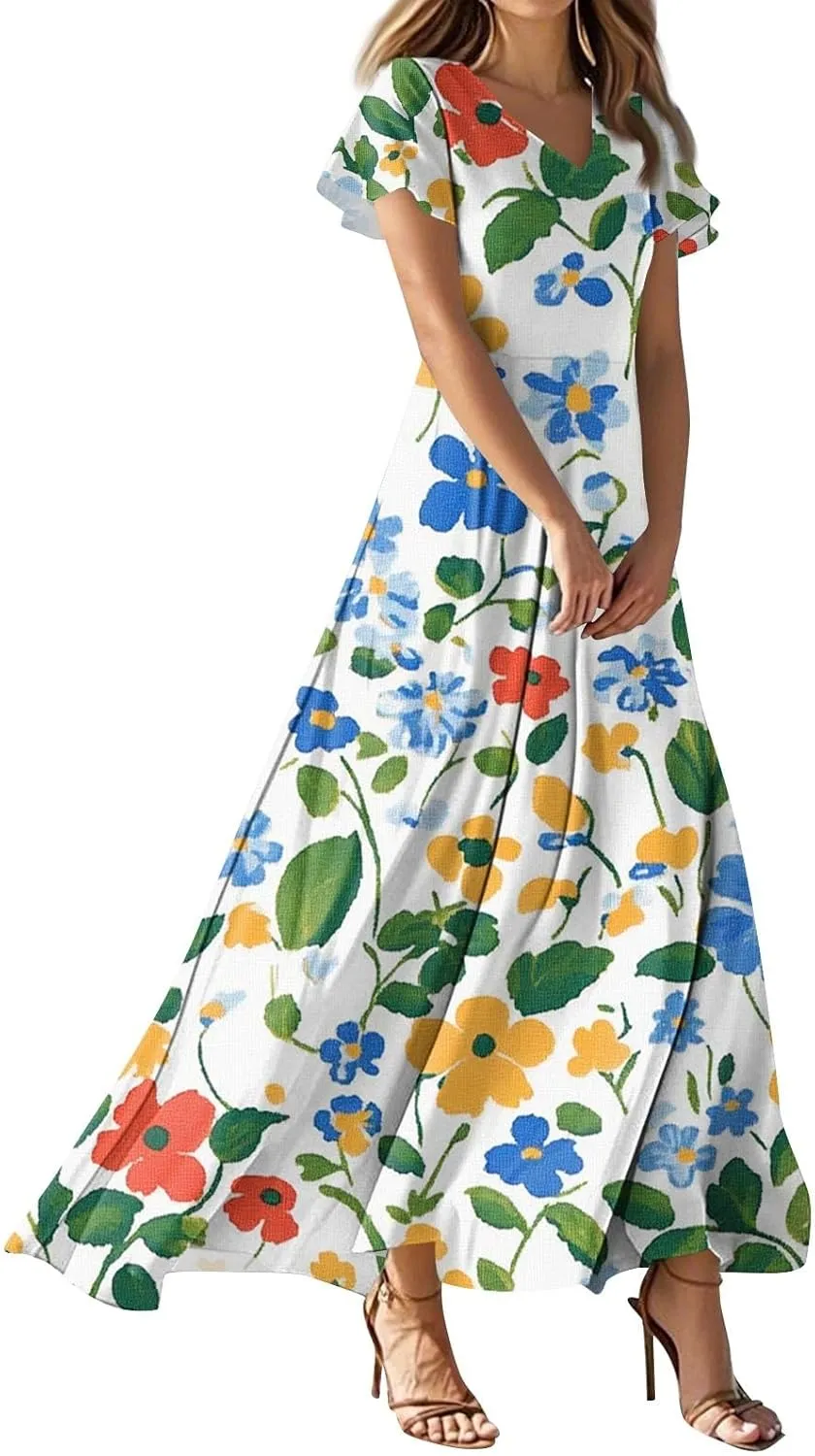 Summer Dresses for Women Floral Short Sleeve Dress V Neck Casual Beach Vacation Dress Flowy Swing Loose Maxi Dress