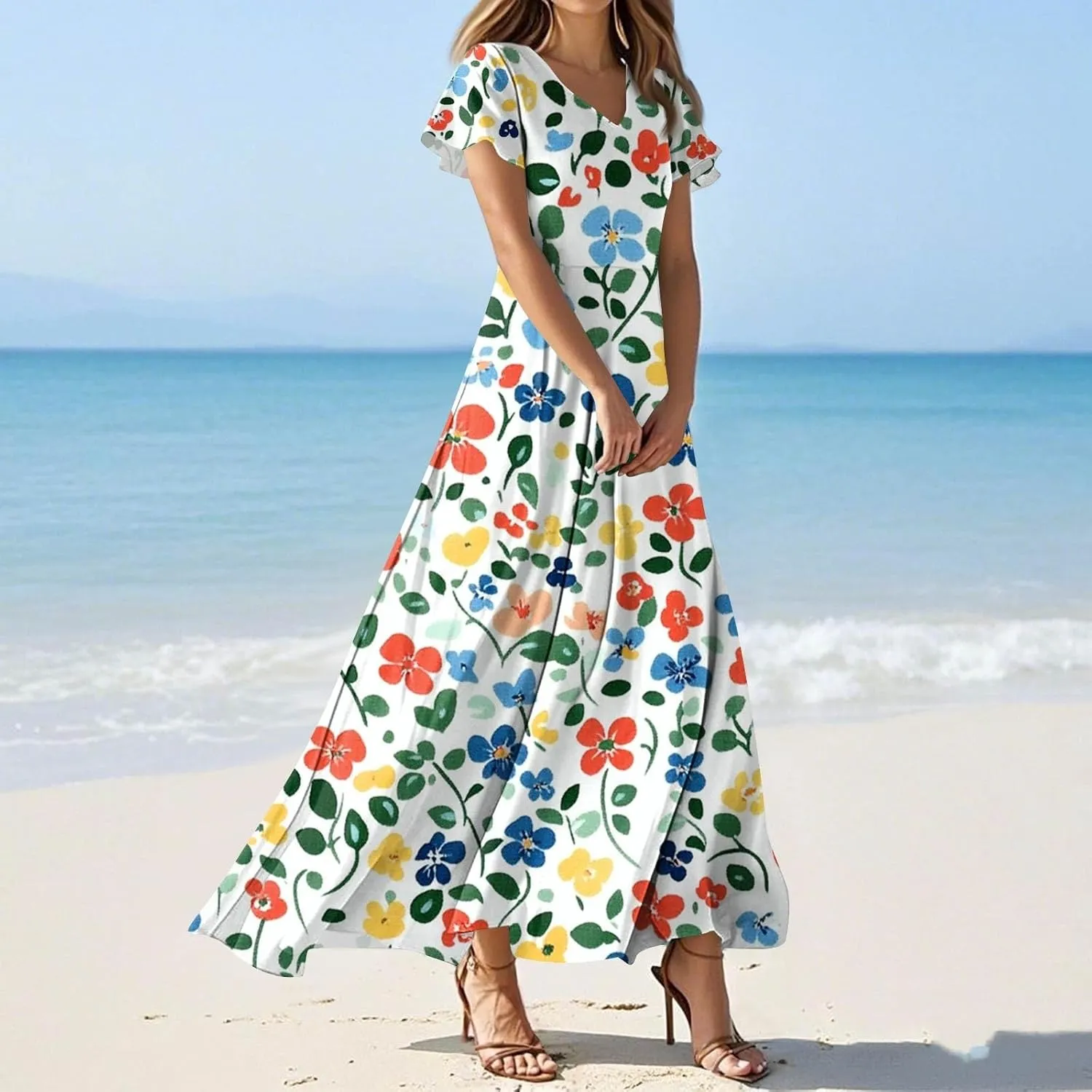 Summer Dresses for Women Floral Short Sleeve Dress V Neck Casual Beach Vacation Dress Flowy Swing Loose Maxi Dress
