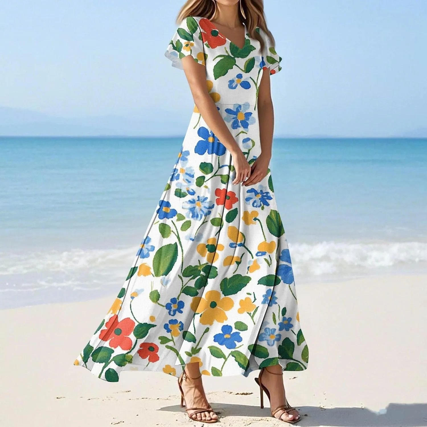 Summer Dresses for Women Floral Short Sleeve Dress V Neck Casual Beach Vacation Dress Flowy Swing Loose Maxi Dress