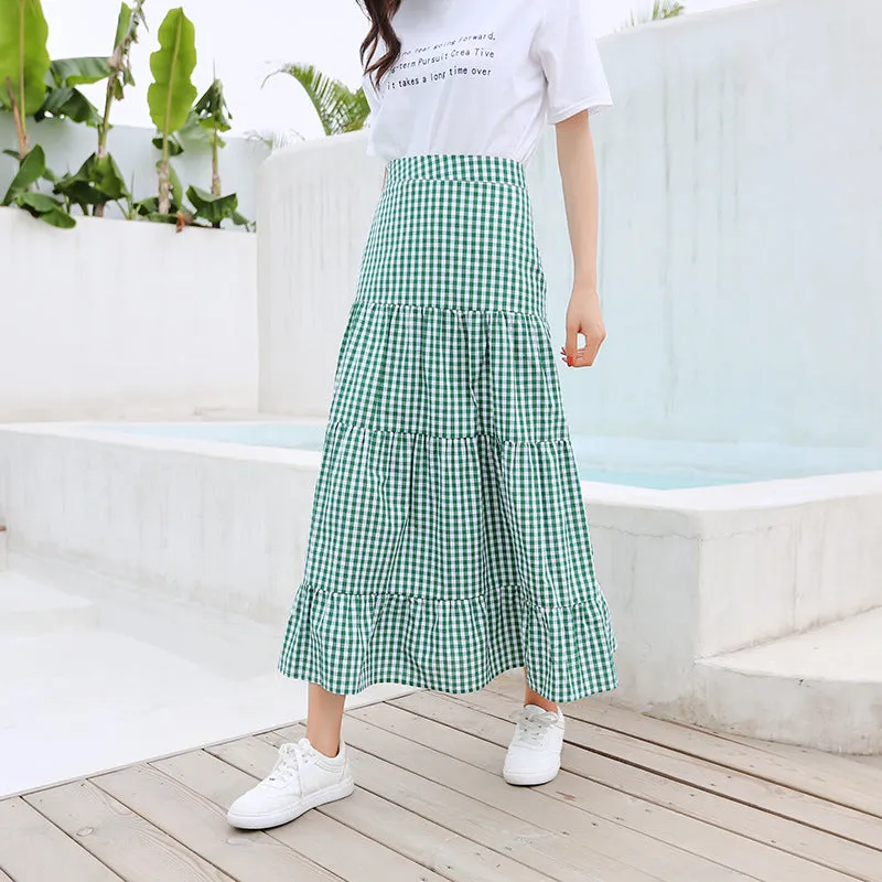Summer Korean College Spliced Chequered Flare Women Mid-Length A-Line Skirt
