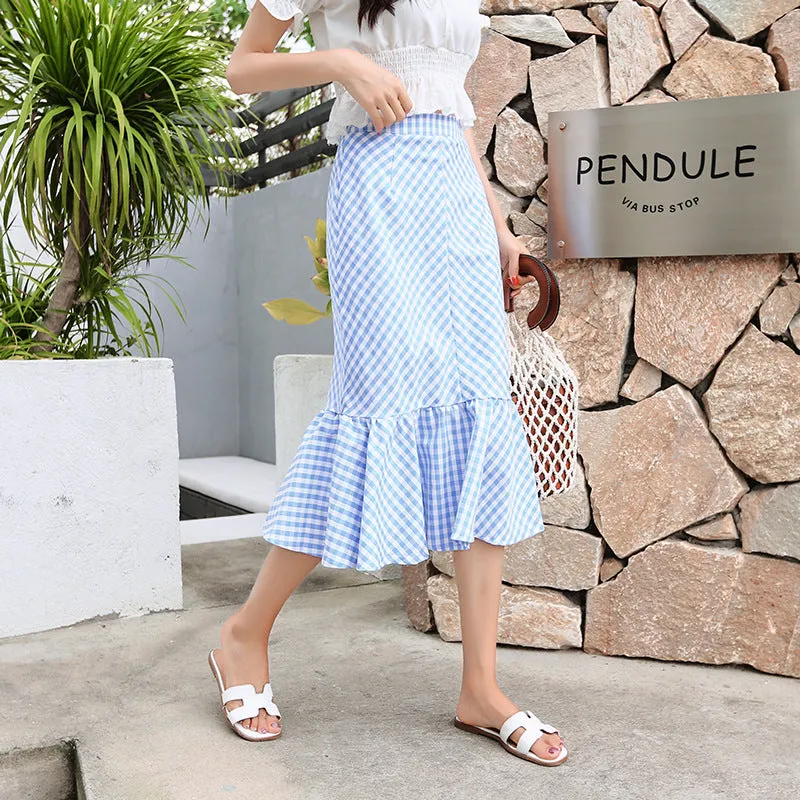 Summer Korean College Spliced Chequered Flare Women Mid-Length A-Line Skirt