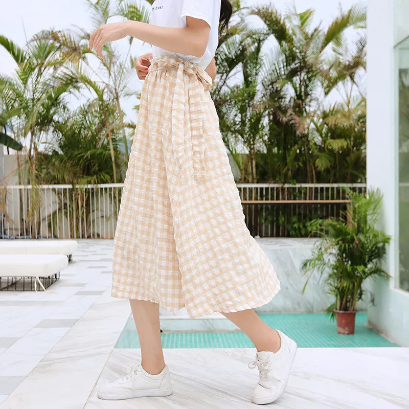 Summer Korean College Spliced Chequered Flare Women Mid-Length A-Line Skirt