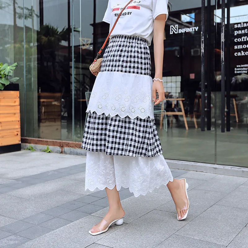 Summer Korean College Spliced Chequered Flare Women Mid-Length A-Line Skirt