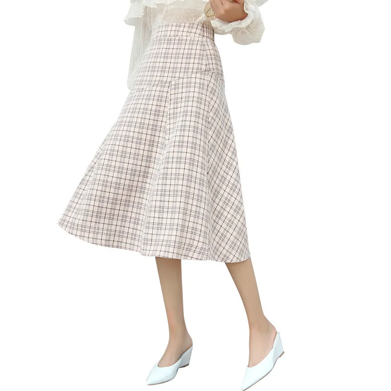 Summer Korean College Spliced Chequered Flare Women Mid-Length A-Line Skirt